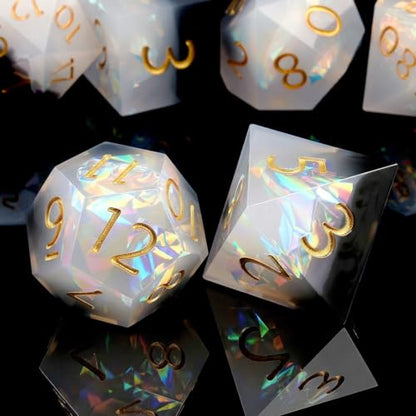 Haxtec Sharp Edge DND Dice Set, Iridecent Resin Polyhedral RPG Dice | Black White Galaxy D&D for Table Games, Compatible with Dungeons and Dragons, Handmade 7-Die with Metal Case, MTG Gifts - color: Black White