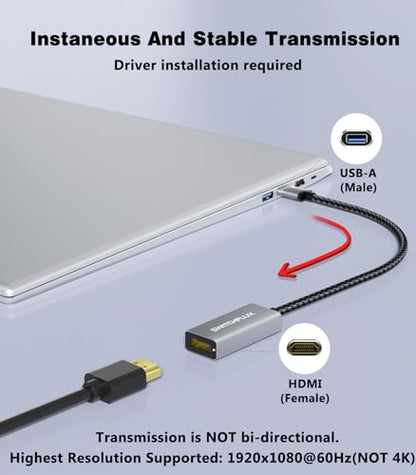 USB to HDMI Adapter,[Gold-Plated & Metal Shell] USB A Male to HDMI Female Convert for Monitors,USB 3.0 to HDMI Support Windows,mac OS - Driver Installation Required - size: 5.9inch