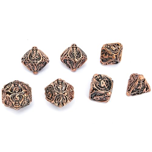 Metal Skull Dice Set Hollow Multi-Sided Dungeons & Dragons Dice 7CPS Role-Playing Dice Set with Flannel Bag Suitable for D&D Board Game Cards(Antique red Copper) - color: Antique Red Copper