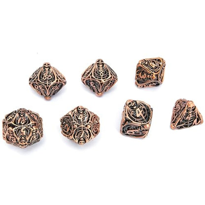 Metal Skull Dice Set Hollow Multi-Sided Dungeons & Dragons Dice 7CPS Role-Playing Dice Set with Flannel Bag Suitable for D&D Board Game Cards(Antique red Copper) - color: Antique Red Copper
