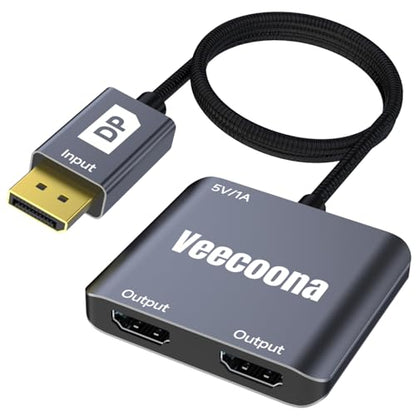 DisplayPort to Dual HDMI Adapter 1 in 2 Out | 4K60Hz | DP Source to HDMI Splitter Extended Display for Dual monitors, for Desktop,Laptop, Graphics Card - MACOS Not Support MST