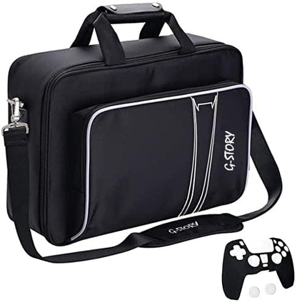 G-STORY Carry Case Compatible with PlayStation 5 Console,Travel Case Bag with Zinc Alloy Zippers for Console, Controllers and Accessories,Controller Skin*1 - color: White-logo