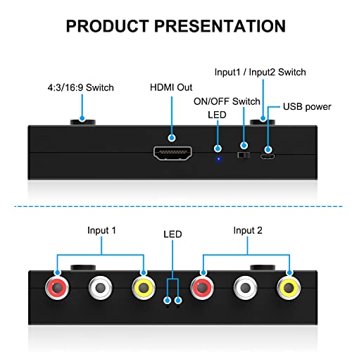2 AV to HDMI Converter, 1080P/720P 2 Port RCA Composite CVBS AV Switch to HDMI Converter Adapter Support 4:3/16:9 Switching, for TV PC PS2 PS3 N64 NGC SNES WII VHS VCR Camera DVD-Black - color: 2AV to HDMI Converter
