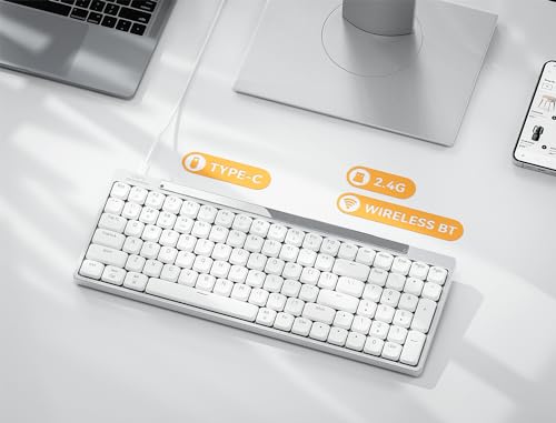 Earto CT100 Wireless Mechanical Keyboard, Ultra Slim 96%- 100 Keys Low Profile Mechanical Keyboard, Bluetooth/2.4G/ Wired, White LED Backlight, Windows& Mac Compatible Aluminum- Red Switch