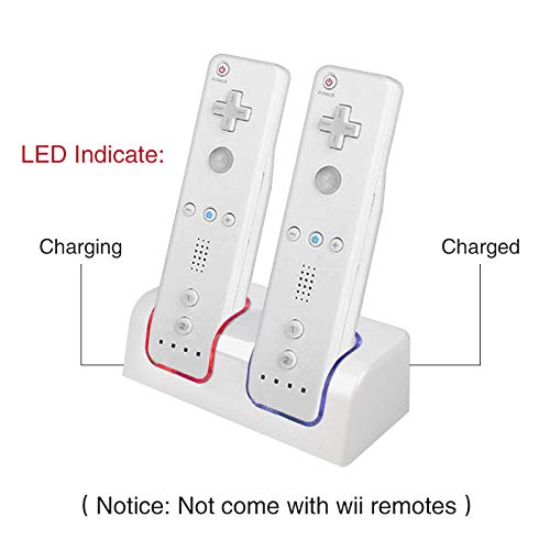 Wii Remote Battery Charger(Free USB Wall Charger+Lengthened Cord) Dual Charging Station Dock with Two Rechargeable Capacity Increased Batteries for Wii U Game Remote Controller (White)