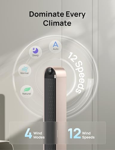 DREO Smart Tower Fan for Bedroom, 120° Oscillating Fan, 20dB Quiet DC Motor | 28ft/s Airflow, 12 Speeds, 4 Modes Bladeless Standing Fan, 12H Timer Cooling Fan for Home, Living Room, App & Alexa Control - color: Starlight