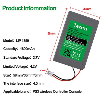 Tectra PS3 Controller Battery, LIP1359 Battery Compatible with Sony PlayStation 3 PS3 Dualshock 3 Controller CECHZC2E, CECHZC2U with USB Charging Cable