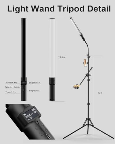 2Pack RGB LED Video Light Wand Stick with Stand, Full Color 2500-9900K Dimmable Photography Studio Lighting Kits with Gooseneck Soft Tube & Remote Control for Live Streaming/Portrait/Vlog