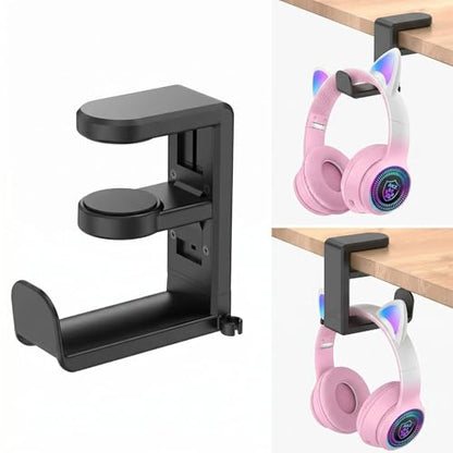 Rotating Headphone Stand, PC Gaming Headset Holder, Adjustable Clamp-on Headphone Mount, Headphones Hanger Hook Under Desk with 360 Degree Swivel, Cable Clip Organizer