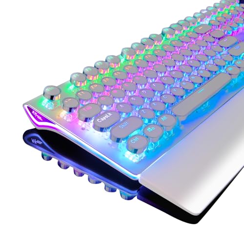 RK ROYAL KLUDGE S108 Typewriter Style Mechanical Gaming Keyboard with RGB Backlit, Wired PC Game Keyboard Full Size with Detachable Wrist Rest and Number Pad, Retro Round Keycaps, Red Switches White - color: white, size: red switch
