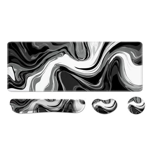 Desk Pad and Keyboard Wrist Rest, Large Mouse Pad + Keyboard Pad+Mouse Wrist Support, Non-Slip Desk Mat Protector for Office, Home 31.5×11.8 Inches Black & White Abstraction - color: Black & White Abstraction