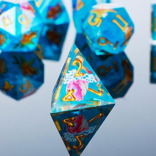 DND Dice Set 7-Pcs Sharp Edge Blue Marine Life Style Resin Dice Polyhedron Resin Sharp Edge dice Role-Playing Game RPG MTG Board Game (Marine Life - Golden) - color: Marine Life - Golden