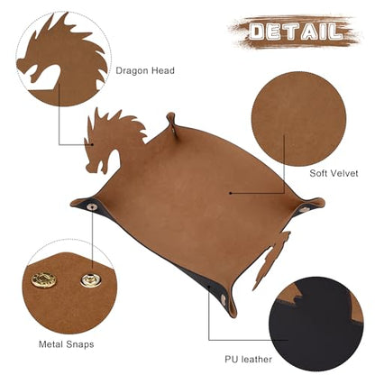 SIQUK 2 Pieces Dragon Dice Rolling Tray PU Leather Dice Mat Folding Scroll Dices Holder for D&D RPG Games (Camel, Black) - color: Camel, Black