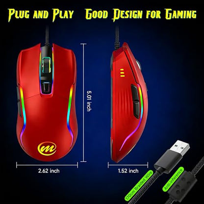 memzuoix Wired Gaming Mouse with RGB - 6 Adjustable DPI up to 12800, 6 Buttons, 12 Lighting Modes, Ergonomic Design with Anti-Slip Rubber Wheel, 5.6ft Braided Cable for PC/Mac/Windows - Red - color: red