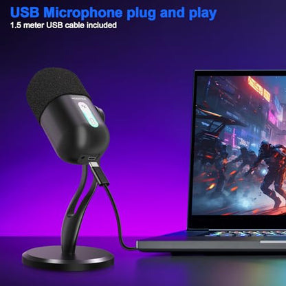 USB Microphone for PC, Cardioid Condenser Microphone with Active Noise Cancellation, Quick Mute, Built-in Headphone Jack, Gaming Mic with Table Stand, for Live Streaming, Instruments, Podcast