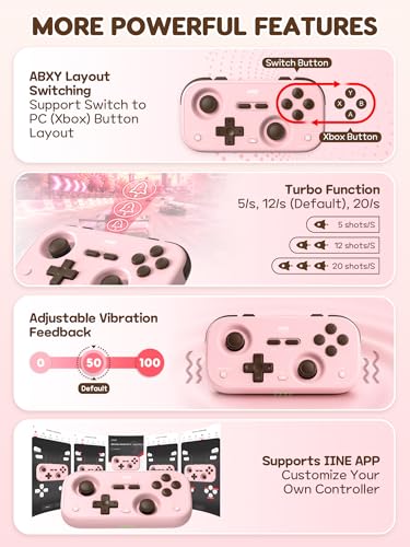 IINE Retro Pocket Game Controller with Hall Effect Joysticks, Switch 1 & 2 Compatible, Wireless Gamepad for Steam Deck, PC, Android, iOS, Customizable D-Pad, Vibration & Motion Control (Berry Choco) - color: Berry Choco