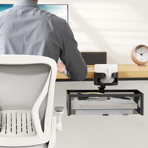 CABTE Desk Cup Holder with Drawer Organizer | Anti-Spill Clip-On Table Cup Hook with 360° Rotation Hidden Storage Box for Office Home Gaming Table (Black) - color: Black