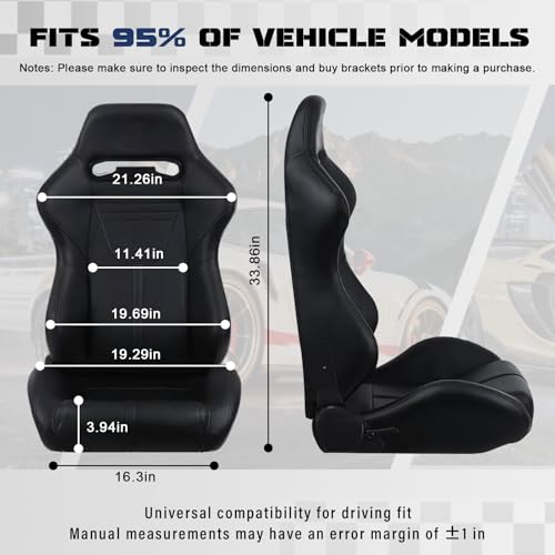 2 Pcs Adjustable Universal Racing Seats with Double Sliders, Reclinable Bucket Seats, 1 Pair of Sport Seats for Vehicles (Black-L) - color: Black-L