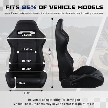 2 Pcs Adjustable Universal Racing Seats with Double Sliders, Reclinable Bucket Seats, 1 Pair of Sport Seats for Vehicles (Black-L) - color: Black-L