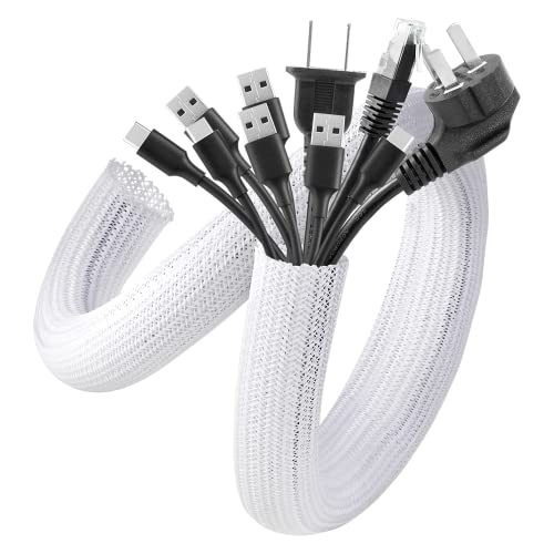 AGPTEK Cable Sleeve, 10ft - 1.5 inch Cable Management Desk Cord Cover Organizer Wire Hider for Home Office Computer TV Wire Loom Tubing Pet Proof Cord Protector from Cat Dog Chewing, White - color: White, size: 1.5"-10ft