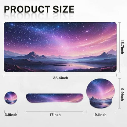 Arttown Keyboard Mouse Pad Set, 4 in 1 Desk Mat Set Galaxy Nebula | Night Sky Mountains Large Mousepad+Keyboard Wrist Rest+Mouse Wrist Rest+Coaster Ergonomic Design for Home Office Computer - color: Purple Starry Sky