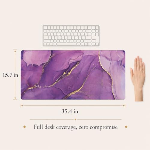 Purple Marble Desk Mat 35.4x15.7 Inch, Large Extended Mouse Pad with Gold Fluid Art Design, Non-Slip Water-Resistant Desk Pad for Women, Home Office & Aesthetic Setup - color: Purple Marble