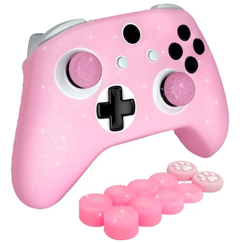 Pink Glitter Anti-Slip Protective Silicone Cover Skin Grips Compatible with Xbox ONE S/X Controller,8 PCS Glitter Thumb Grips Caps and 2 Grips Caps. - color: Glitter Pink