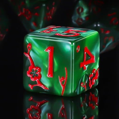 CiaraQ 7pcs Polyhedral Dice Set for Dungeon and Dragons MTG Table Games | Acrylic Role Playing Dice for D&D with Black Velvet Bag – Green Pearl with Red Numbers & Plum Blossom Patterns - color: Green and Red Floral Dice