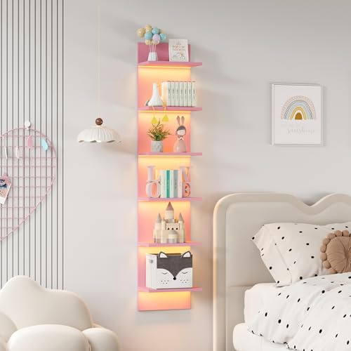 Qupui 6-Tier Wall Shelf with RGB LED, 57" Floating Storage, Pink | RGB 16 Million Colors, 22 Modes, 6 Brightness. Waterproof Particleboard. Each Tier Holds 10 Lbs. Wall-mounted. For Bedroom - color: Pink