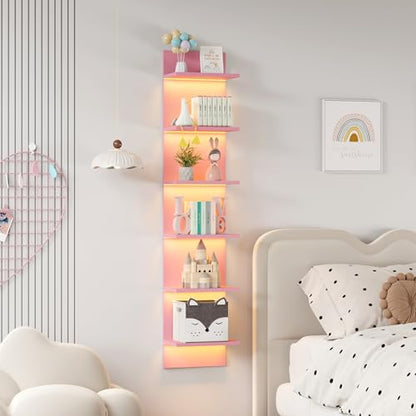 Qupui 6-Tier Wall Shelf with RGB LED, 57" Floating Storage, Pink | RGB 16 Million Colors, 22 Modes, 6 Brightness. Waterproof Particleboard. Each Tier Holds 10 Lbs. Wall-mounted. For Bedroom - color: Pink