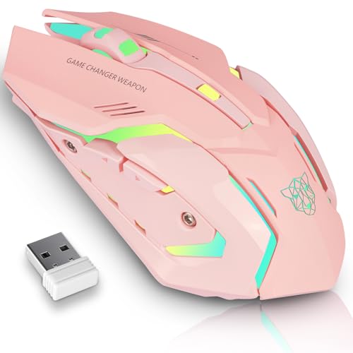 Wireless Gaming Mouse,Rechargeable Computer Mouse with Type-C Fast Charging, Ergonomic Mouse with 3 Adjustable DPI, 6 Silent Buttons, LED Light, Long Battery Life for Laptop, PC, Mac (Pink) - color: Pink