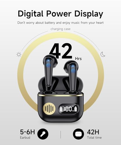 CoolJumper Wireless Bluetooth 6.1 Earbuds with Real-Time AI Assisted Translation, Digital LED Charging Case Waterproof Sport in Ear Headphones for Travel Gym Running - color: black gold