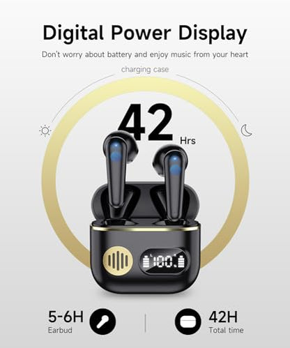 CoolJumper Wireless Bluetooth 6.1 Earbuds with Real-Time AI Assisted Translation, Digital LED Charging Case Waterproof Sport in Ear Headphones for Travel Gym Running - color: black gold