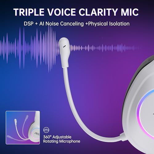 AOC Wireless Gaming Headset Compatible with ps5/4, PC, USB-C & Bluetooth 5.4 & 2.4GHz Gaming Headphones with Noise Canceling Mic, 7.1 Virtual Surround,20ms Latency, 45H, RGB- White - color: White
