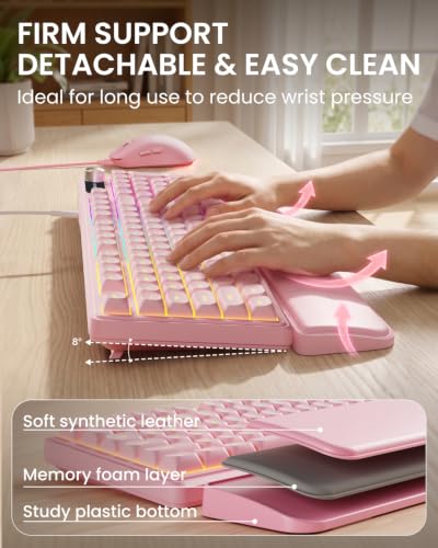 EWEADN Wired Keyboard and Mouse Combo with Detachable Wrist Rest, Quiet Ergonomic Keyboard Mouse Set with Multimedia Knob, RGB Backlit, Double-Shot Keycaps Natural Typing for Laptop, PC - Pink - color: Pink