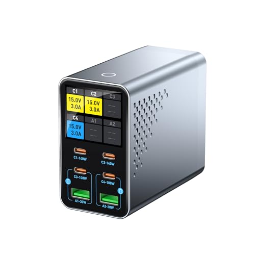 140W 6-Port GaN USB C Charging Station with LCD Smart Display, Desktop Fast Charger for Multiple Devices, Compatible with MacBook, iPhone, iPad, Galaxy, Home Office,Gaming Accessories