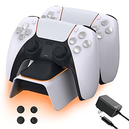 NexiGo PS5 Controller Charger with Thumb Grip Kit, Fast Charging AC Adapter, Dualsense Charging Station Dock for Dual PlayStation 5 Controllers with LED Indicator, White - color: White