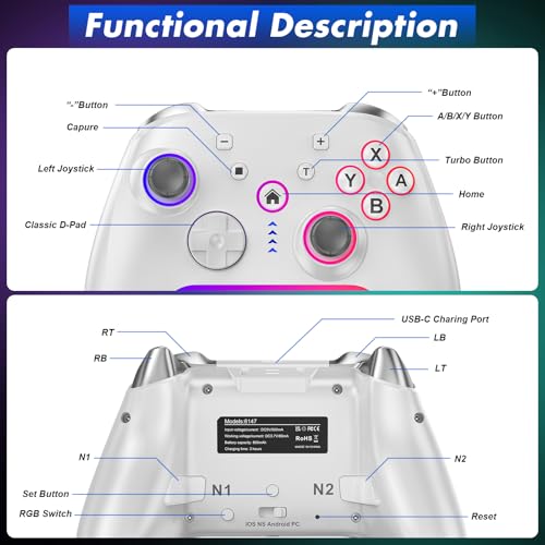 Wireless Pro Controller for Switch 2/Switch/Lite/OLED,Replacement for Switch Pro Controller,Switch 2 Controller Support PC & Android/iOS with RGB LED,Wake-up,Programmable,Adjustable Turbo Vibration Function