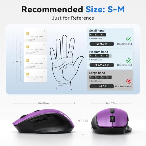 TECKNET Wireless Mouse for Laptop, (BT5.2/3.0 & 2.4G) Bluetooth Wireless Mouse, Silent Click, 5-Level Adjustable DPI, Ergonomic Portable Computer Mice for Laptop, PC, MacBook, Chromebook - color: Purple