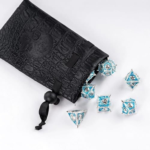 Metal DND Dice Set Blue Dragon Eye Metal Dice Set for Tabletop Games | Leather Storage Bag, DM Gift, for Dungeons and Dragons Role Playing Games - color: Dragon-silver Blue