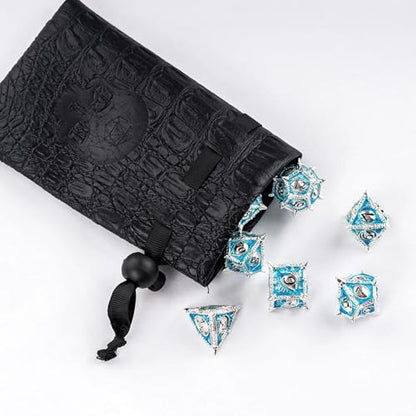 Metal DND Dice Set Blue Dragon Eye Metal Dice Set for Tabletop Games | Leather Storage Bag, DM Gift, for Dungeons and Dragons Role Playing Games - color: Dragon-silver Blue