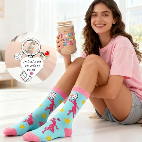 Volleyball Gifts for Teen Girls & Women, Pink Volleyball Accessories Includes 16oz Glass Cups, Makeup Bag, Socks, Keychain, and Bracelets, Senior Night Gifts for Team Players Sports Lovers