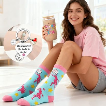 Volleyball Gifts for Teen Girls & Women, Pink Volleyball Accessories Includes 16oz Glass Cups, Makeup Bag, Socks, Keychain, and Bracelets, Senior Night Gifts for Team Players Sports Lovers