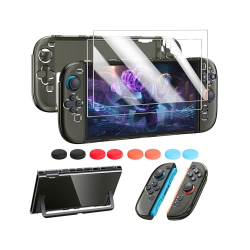 FYOUNG Protective Case for Nintendo Switch 2, Slim Hard Shell Accessories | Switch 2 Cute Case, Scratch&Shock Protection Cover with Screen Protector, 8 Thumb Grip (Translucent Black, Switch 2 7.9inch) - color: Translucent Black