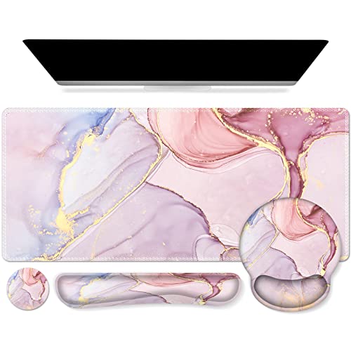 iCasso Desk Mat, Gaming Mouse Pad Wrist Support Set,4in1 XXL Large Mousepad + Keyboard Wrist Rest+Mouse Wrist Rest+Coaster Set with Ergonomic Design for Home Office Table Computer-Glitter Marble - color: Glitter Marble