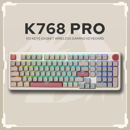 Redragon K768 PRO 100 Keys Wireless Gasket RGB Gaming Keyboard, Massive 8000 mAh PBT Mechanical Keyboard w/Hot-Swap Socket, Dedicated Knob Control & 5-Layer Noise Dampening, Custom Yolk Linear Switch - color: Retro Cocoa