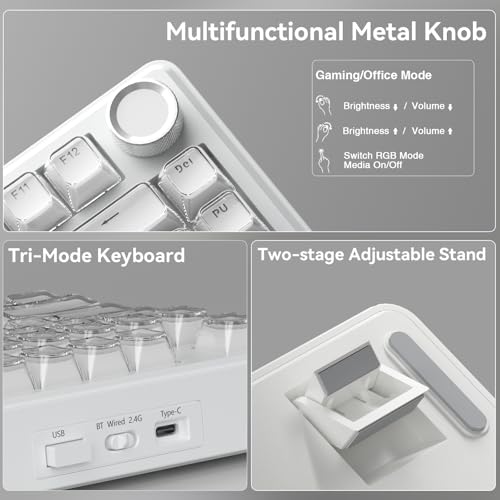 SOLAKAKA A75 Wireless Gaming Keyboard with Multifunction Knob, BT5.0/2.4GHz/USB-C, 75% Mechanical Keyboard, Hot-Swappable, Gasket Creamy Keyboard with RGB Backlit, Crystal Keycaps, for PC/Mac/PC - color: Crystal-White