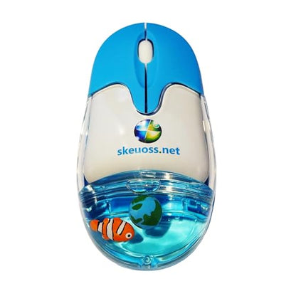 Frutiger Aero Aqua Mouse - Clear Blue USB-C Rechargeable Wireless & Bluetooth Optical Retro Computer Mouse with Liquid Water Section and Floaters (Globe, Clownfish)