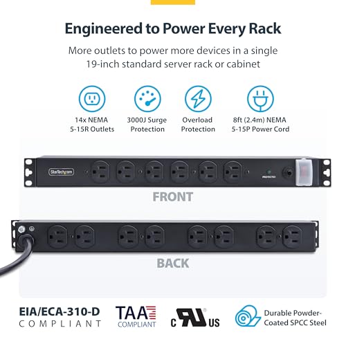 StarTech 14-Outlet 1U PDU, 6 Front 8 Rear, Surge, TAA (1415B8H-RACK-PDU-SP) | Server power strip, Mounted power distribution unit, 6x front and 8x rear ports, 15A breaker, 3000 joule surge protection - style: 14-port|15A|Surge Protect