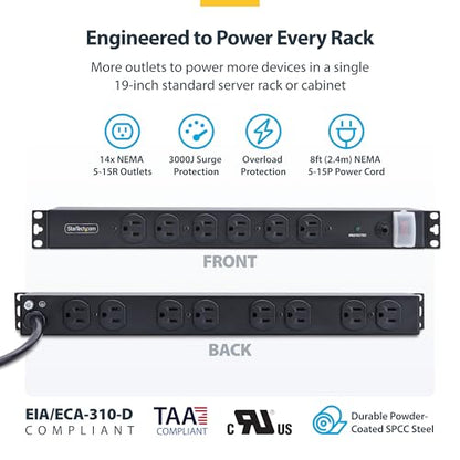StarTech 14-Outlet 1U PDU, 6 Front 8 Rear, Surge, TAA (1415B8H-RACK-PDU-SP) | Server power strip, Mounted power distribution unit, 6x front and 8x rear ports, 15A breaker, 3000 joule surge protection - style: 14-port|15A|Surge Protect